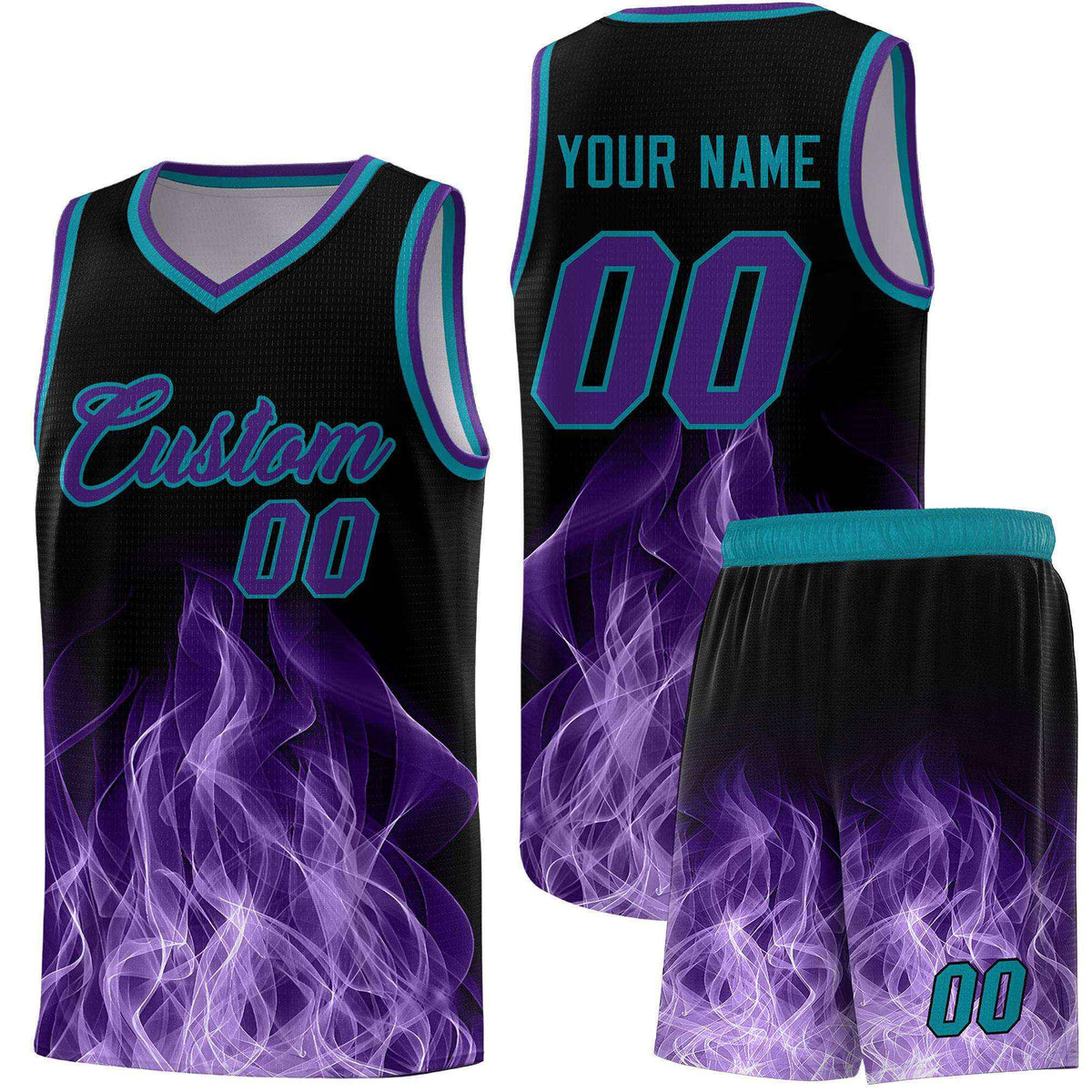 Custom Youth Basketball Jersey Black Teal Flame Design Unique Team Uniform Set