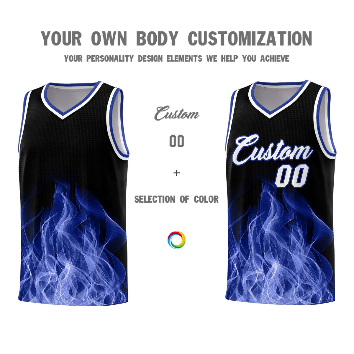 Custom Youth Basketball Jersey Black Royal Flame Design Personalized Team Uniform Set