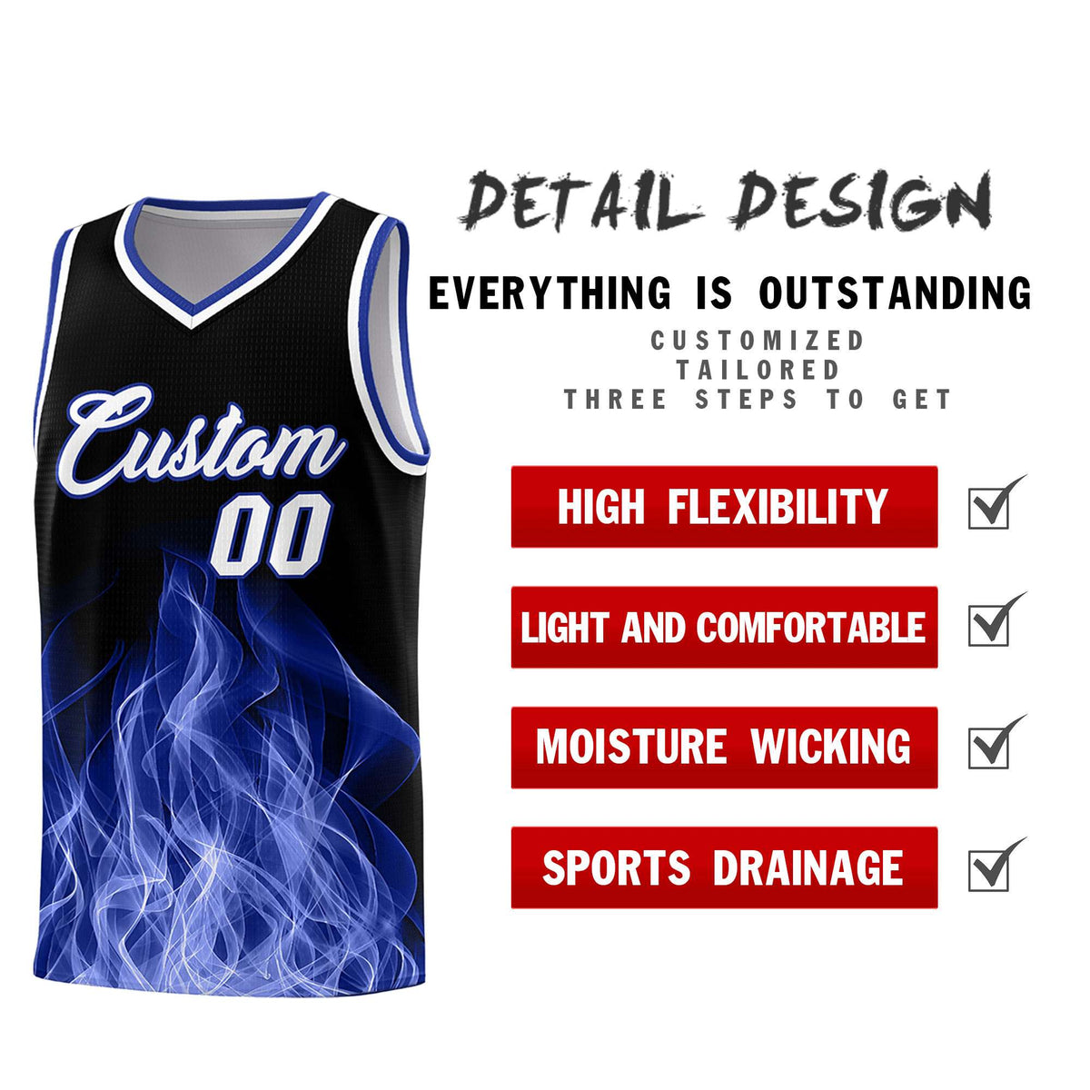 Custom Youth Basketball Jersey Black Royal Flame Design Personalized Team Uniform Set