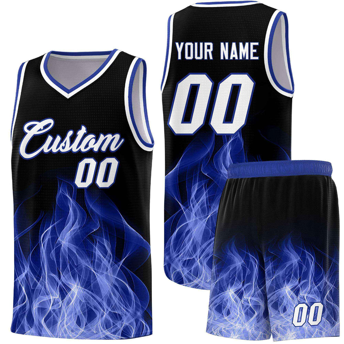 Custom Youth Basketball Jersey Black Royal Flame Design Personalized Team Uniform Set