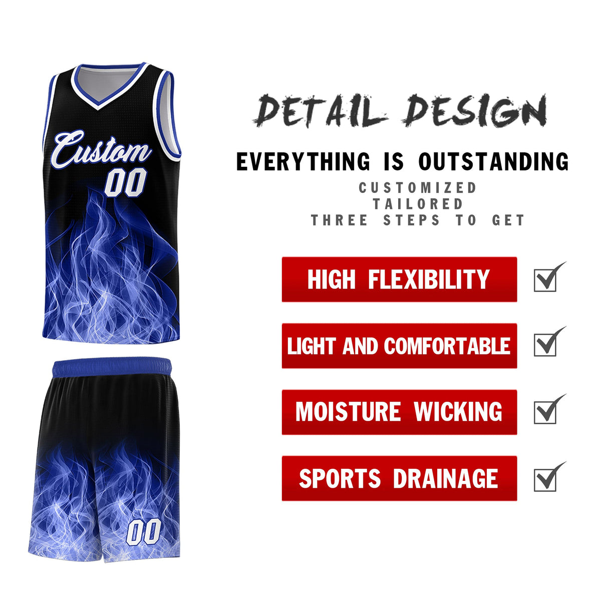 Custom Youth Basketball Jersey Black Royal Flame Design Personalized Team Uniform Set