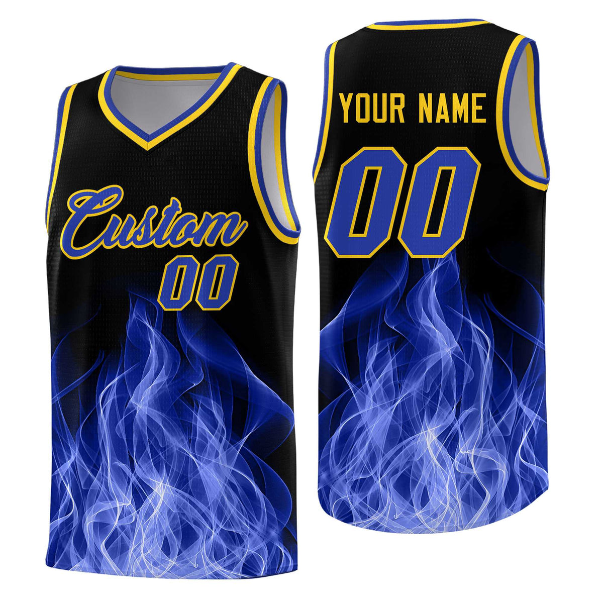 Custom Youth Basketball Jersey Black Gold Flame Fire Design Personalized Team Uniform Set