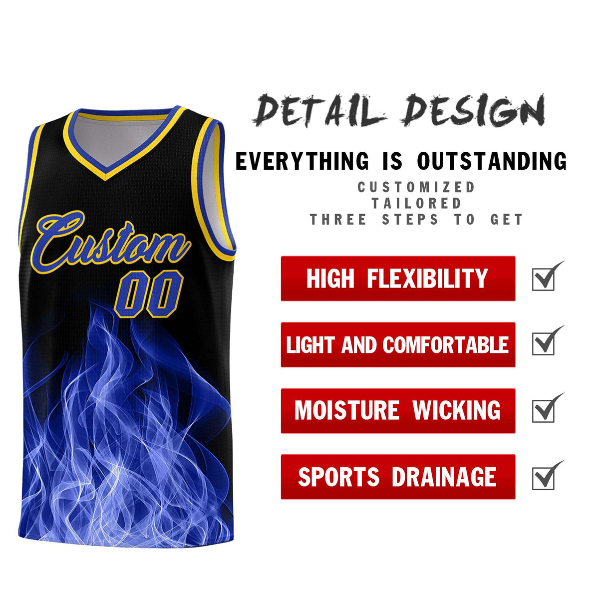 Custom Youth Basketball Jersey Black Gold Flame Fire Design Personalized Team Uniform Set