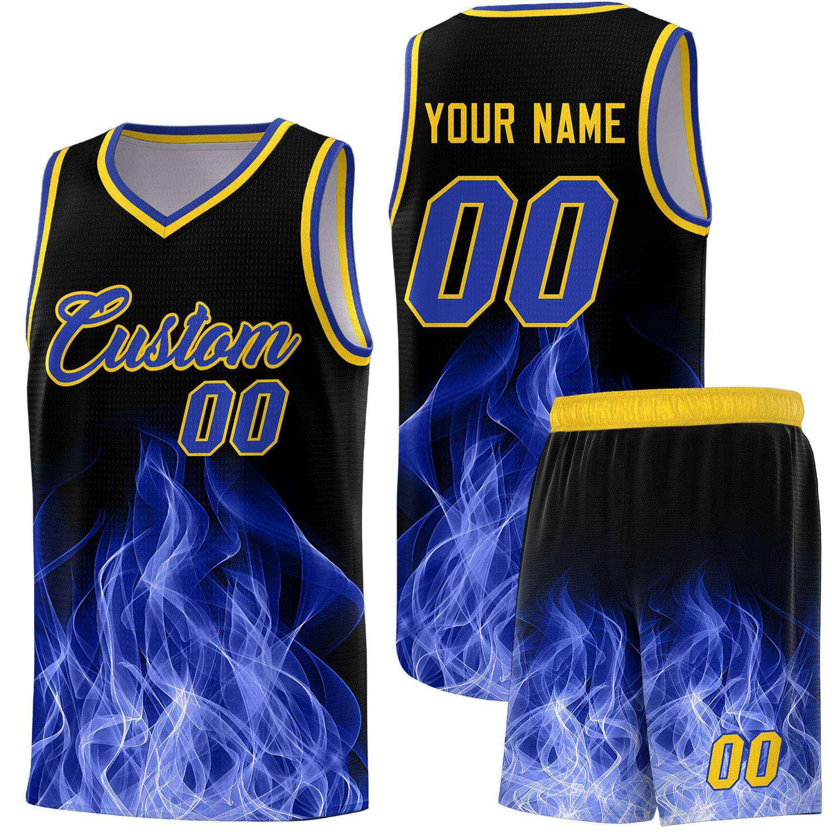 Custom Youth Basketball Jersey Black Gold Flame Fire Design Personalized Team Uniform Set