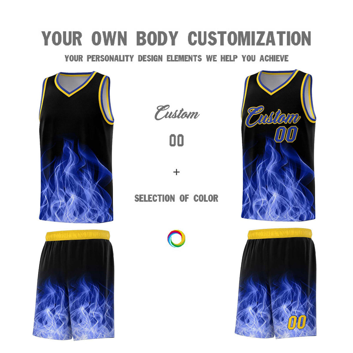 Custom Youth Basketball Jersey Black Gold Flame Fire Design Personalized Team Uniform Set