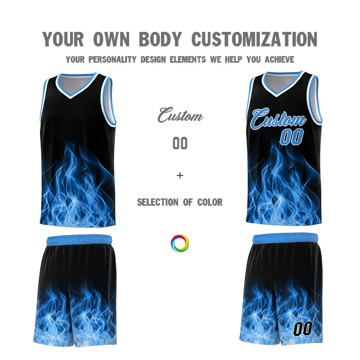 Custom Youth Basketball Jersey Black Light Blue Flame Design Unique Team Uniform Set