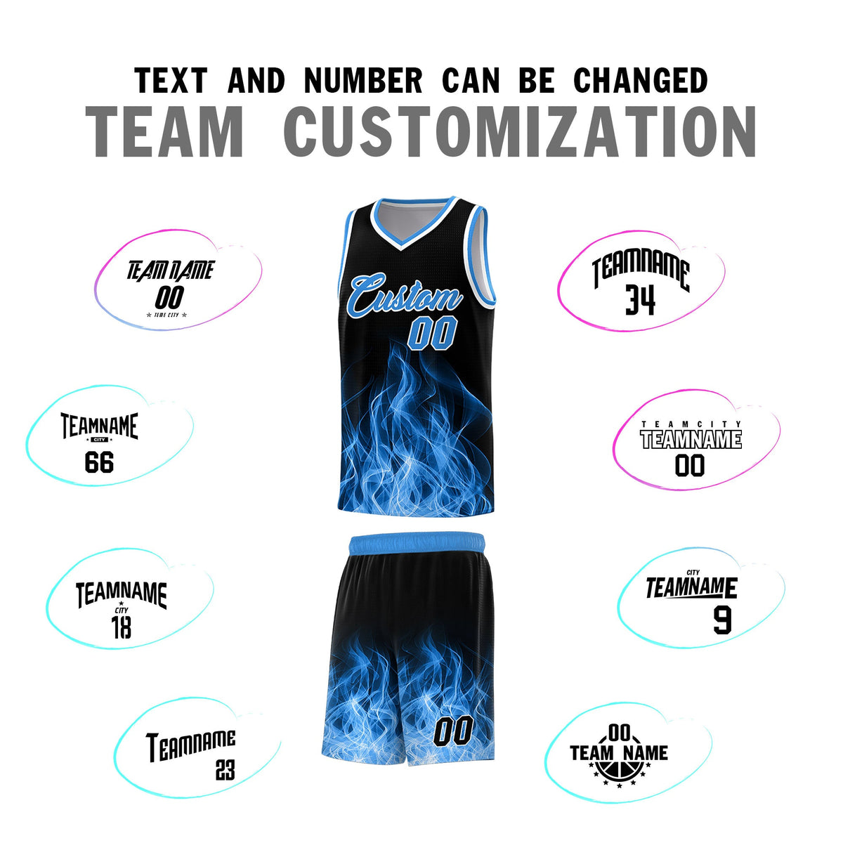 Custom Youth Basketball Jersey Black Light Blue Flame Design Unique Team Uniform Set