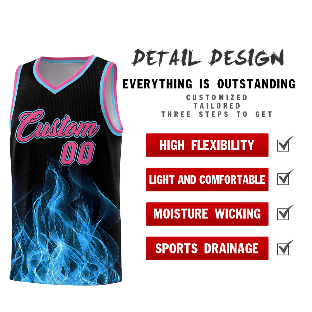 Custom Youth Basketball Jersey Black Pink Flame Design Personalized Team Uniform Set