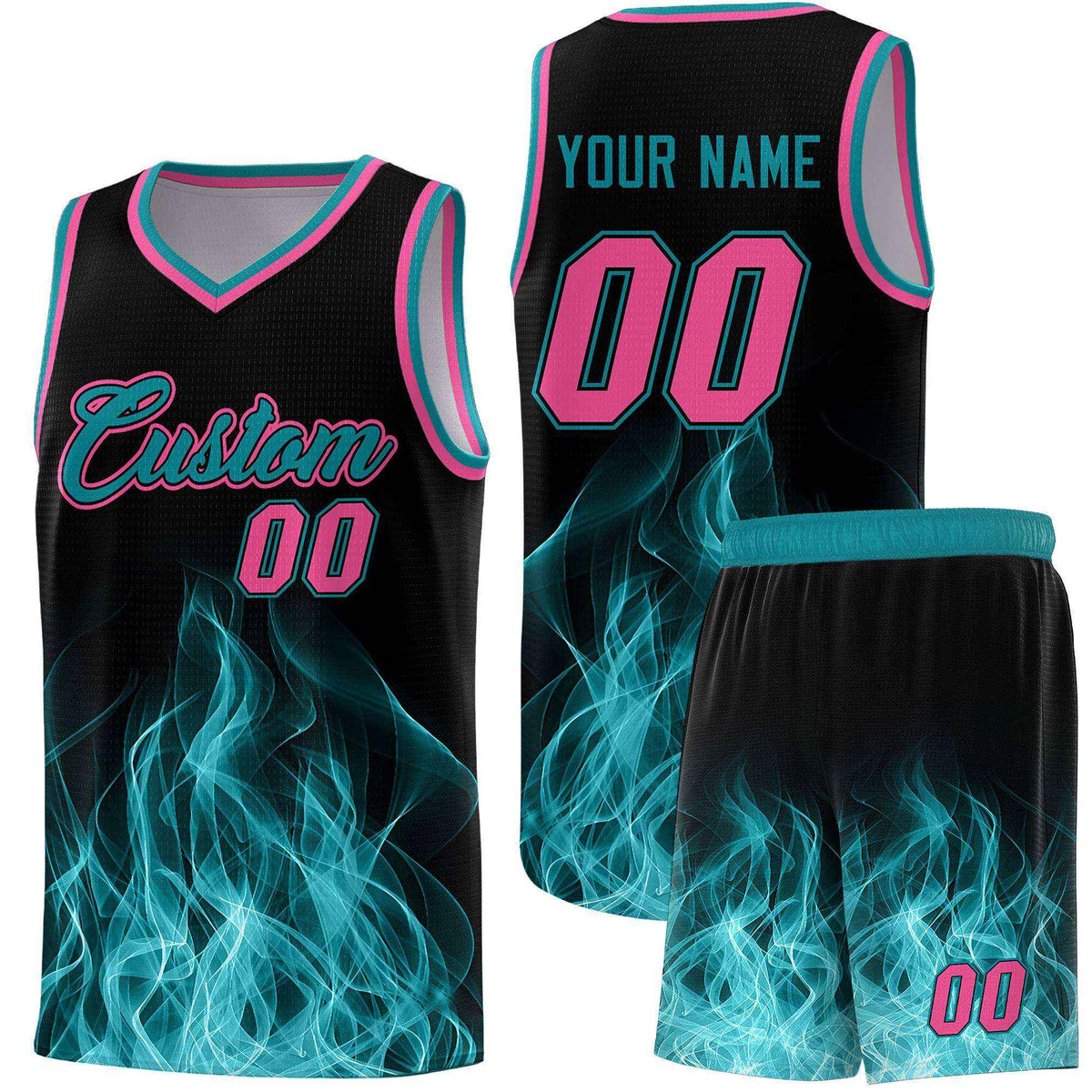 Custom Youth Basketball Jersey Black Teal Flame Fire Design Personalized Team Uniform Set