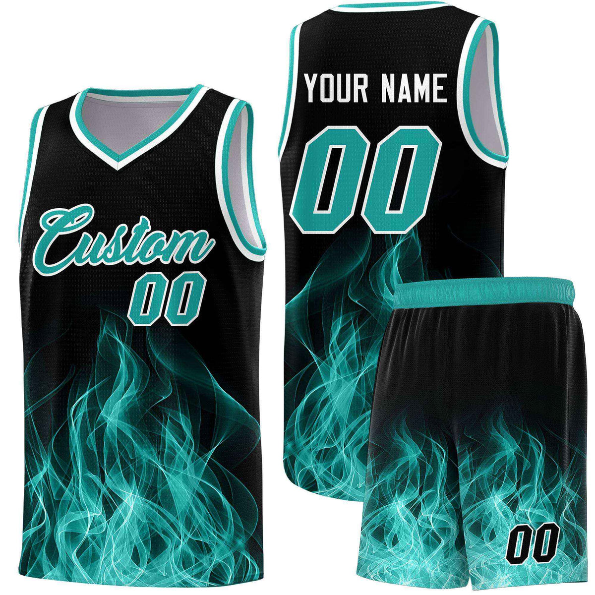 Custom Youth Basketball Jersey Black Aqua Flame Design Unique Team Uniform Set
