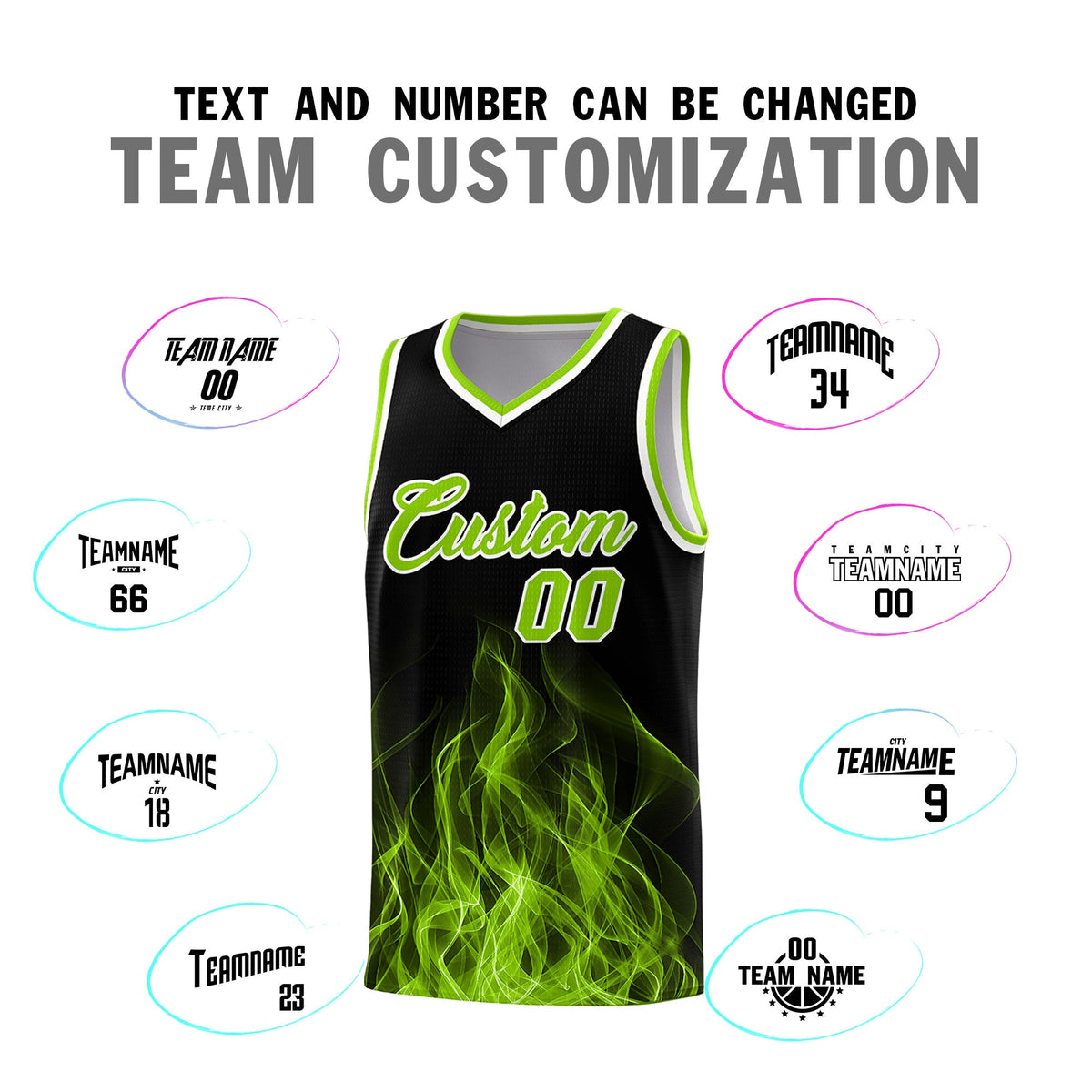 Custom Youth Basketball Jersey Black Neon Green Flame Design Personalized Team Uniform Set
