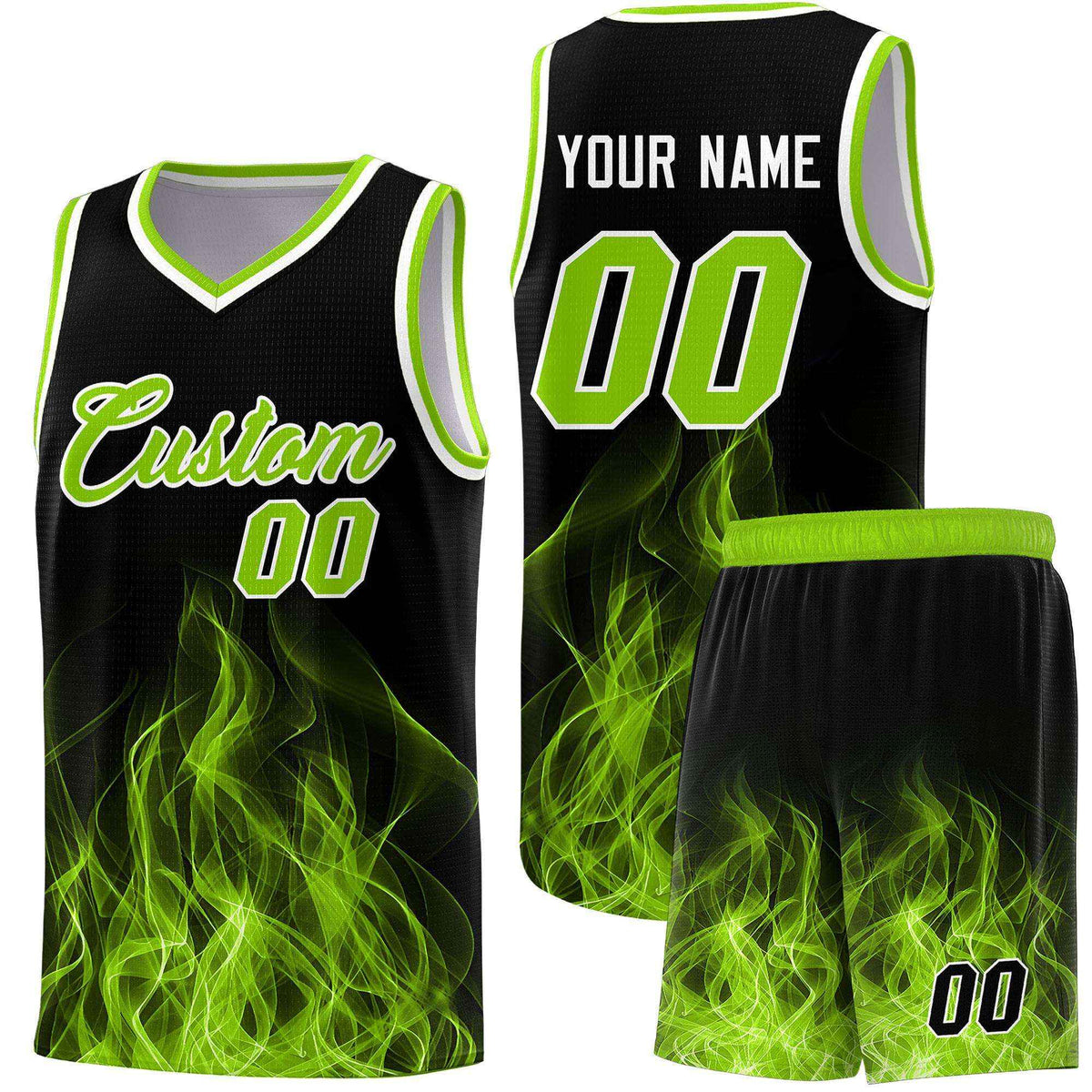 Custom Youth Basketball Jersey Black Neon Green Flame Design Personalized Team Uniform Set