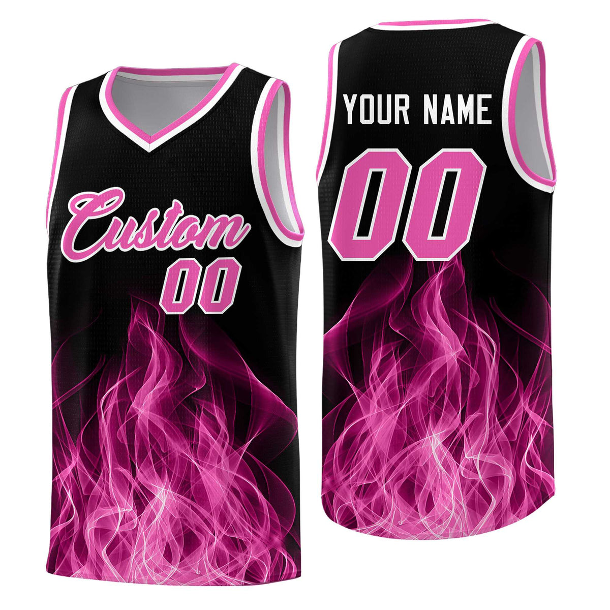 Custom Youth Basketball Jersey Black Pink Flame Fire Design Personalized Team Uniform Set