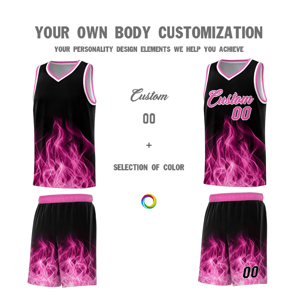 Custom Youth Basketball Jersey Black Pink Flame Fire Design Personalized Team Uniform Set