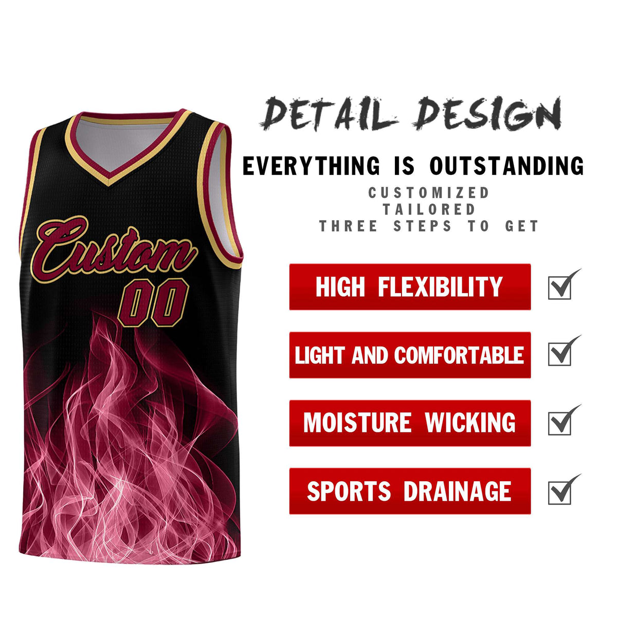 Custom Youth Basketball Jersey Black Crimson Flame Design Unique Team Uniform Set