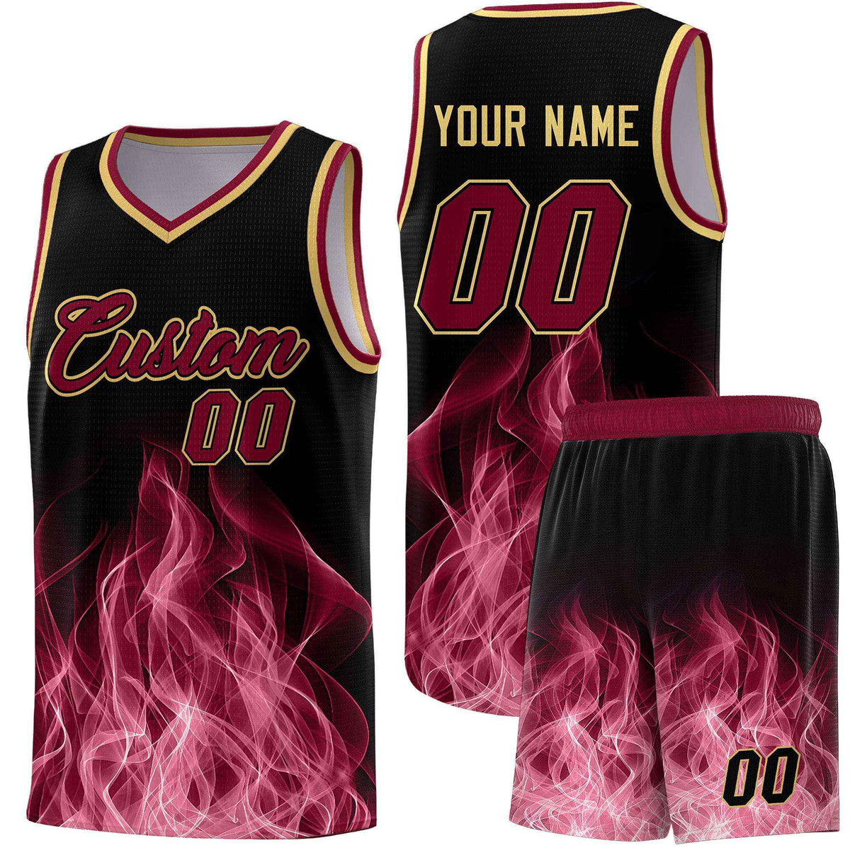 Custom Youth Basketball Jersey Black Crimson Flame Design Unique Team Uniform Set