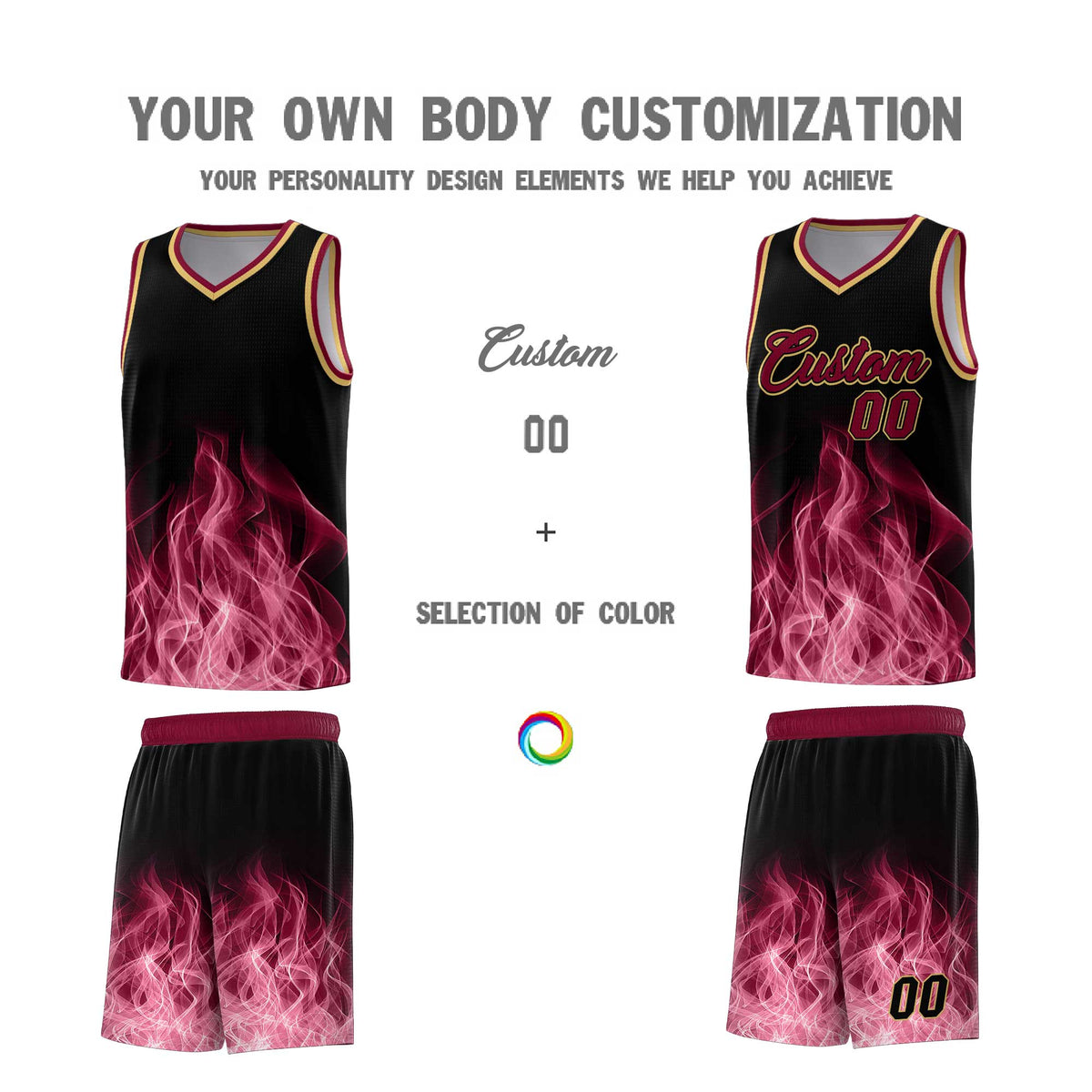 Custom Youth Basketball Jersey Black Crimson Flame Design Unique Team Uniform Set