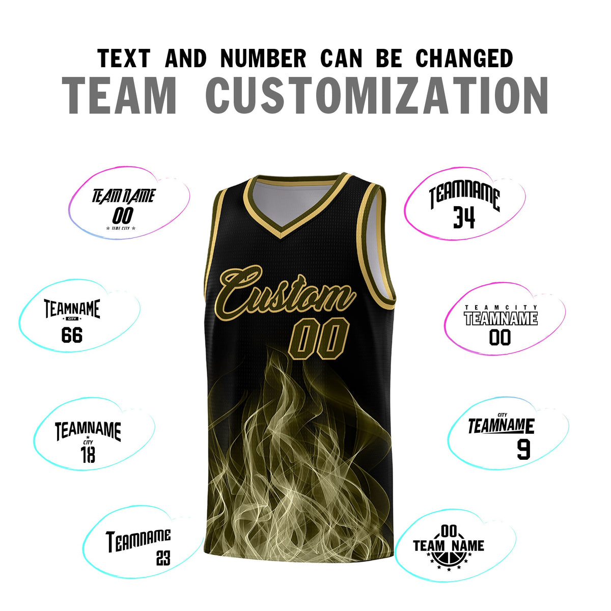 Custom Youth Basketball Jersey Black Khaki Flame Design Personalized Team Uniform Set