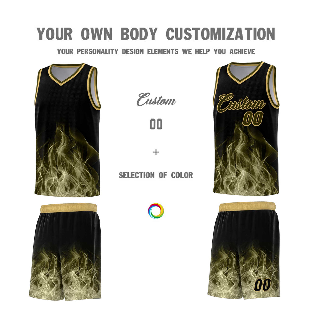 Custom Youth Basketball Jersey Black Khaki Flame Design Personalized Team Uniform Set