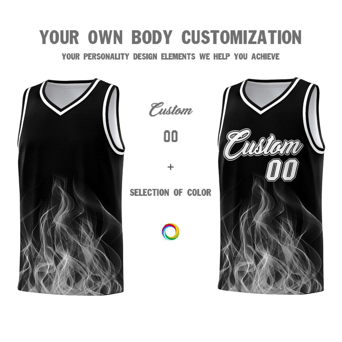 Custom Youth Basketball Jersey Black Gray Flame Fire Design Personalized Team Uniform Set