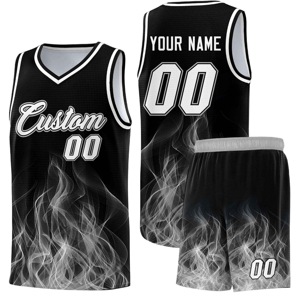 Custom Youth Basketball Jersey Black Gray Flame Fire Design Personalized Team Uniform Set