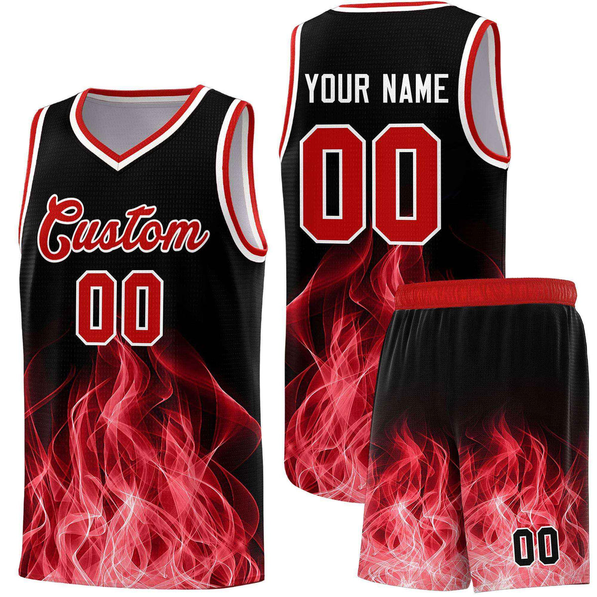 Custom Youth Basketball Jersey Black Red Flame Fire Design Personalized Team Uniform Set
