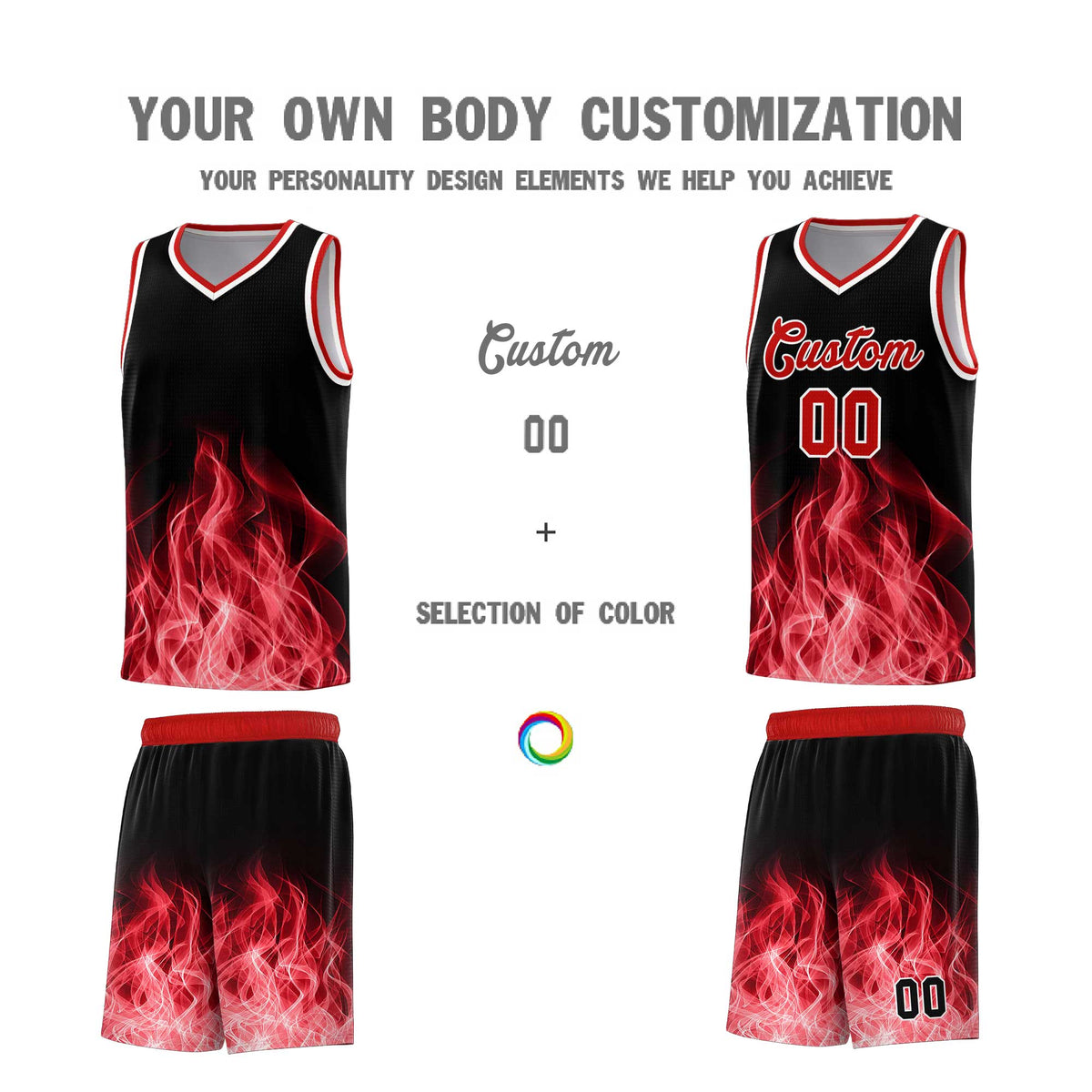 Custom Youth Basketball Jersey Black Red Flame Fire Design Personalized Team Uniform Set