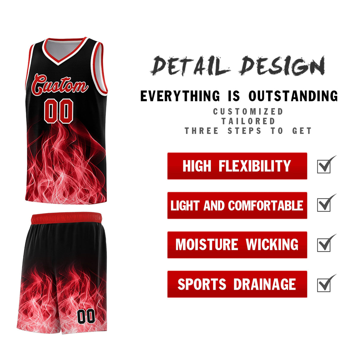 Custom Youth Basketball Jersey Black Red Flame Fire Design Personalized Team Uniform Set