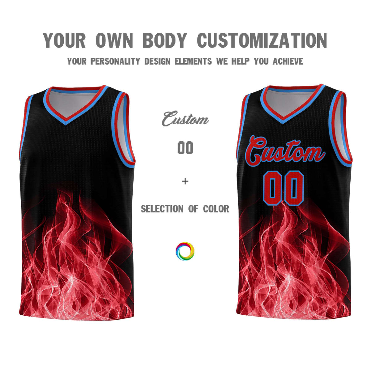 Custom Youth Basketball Jersey Black Red Flame Design Unique Team Uniform Set