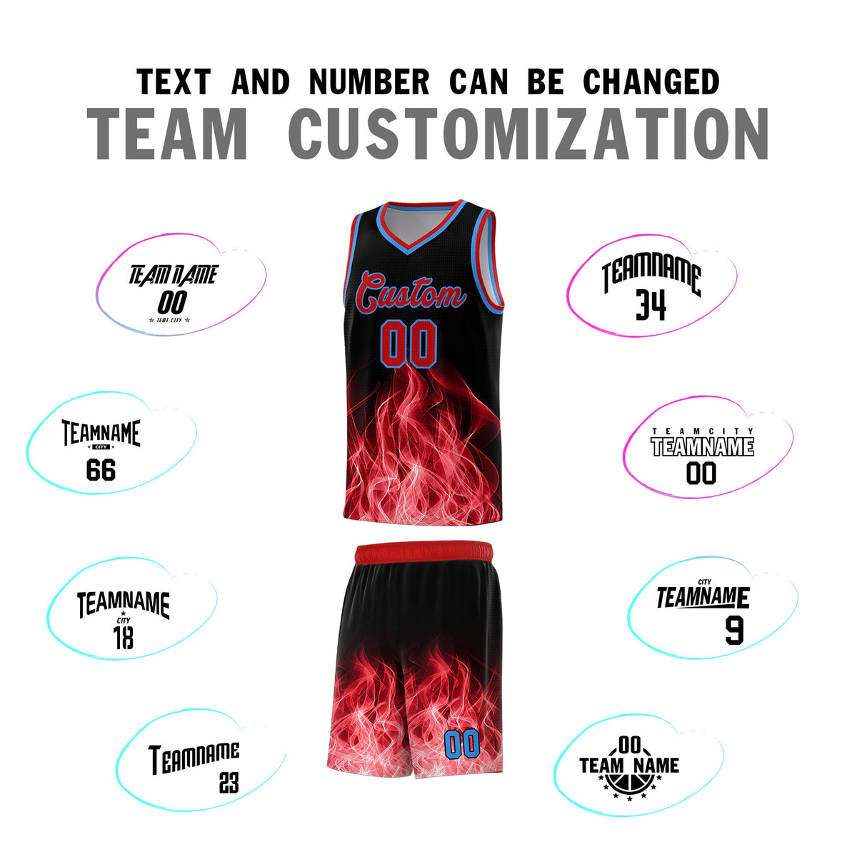 Custom Youth Basketball Jersey Black Red Flame Design Unique Team Uniform Set