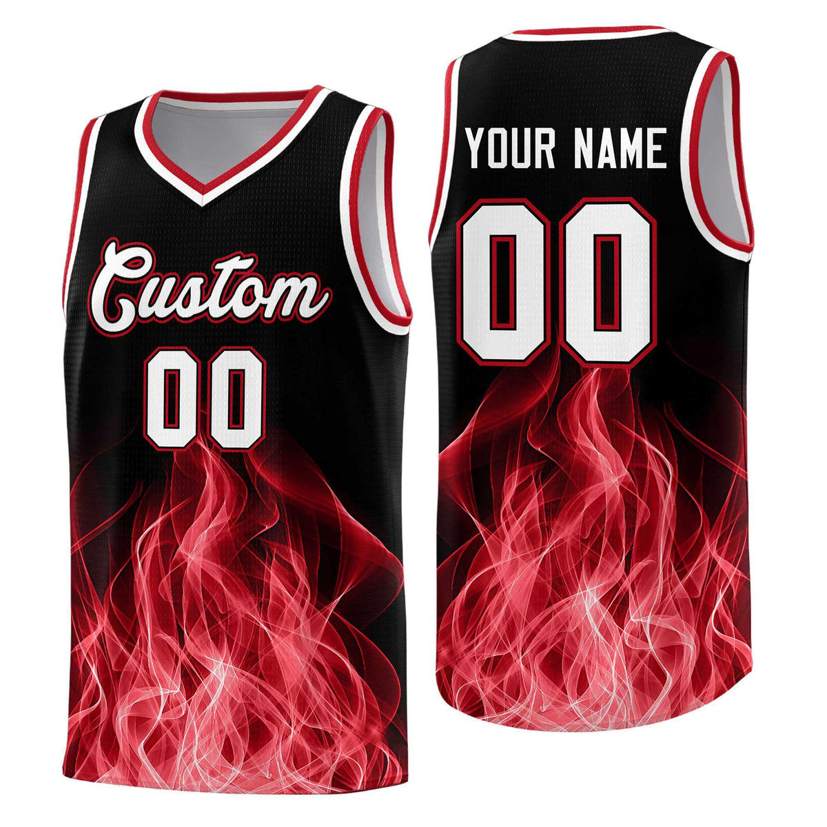 Custom Youth Basketball Jersey Black Red Flame Design Personalized Team Uniform Set