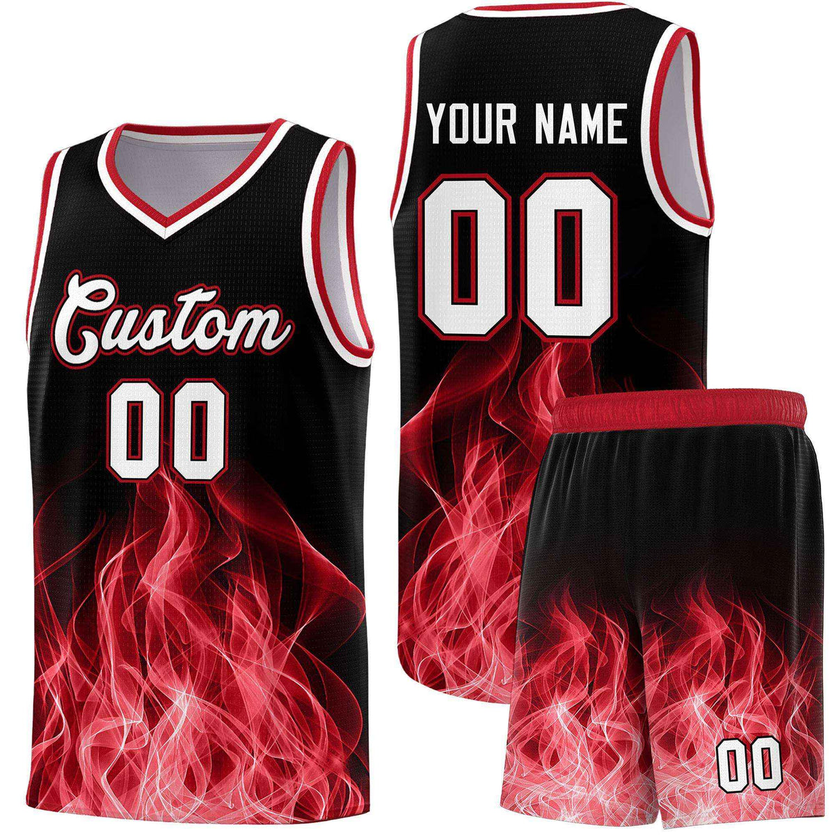 Custom Youth Basketball Jersey Black Red Flame Design Personalized Team Uniform Set