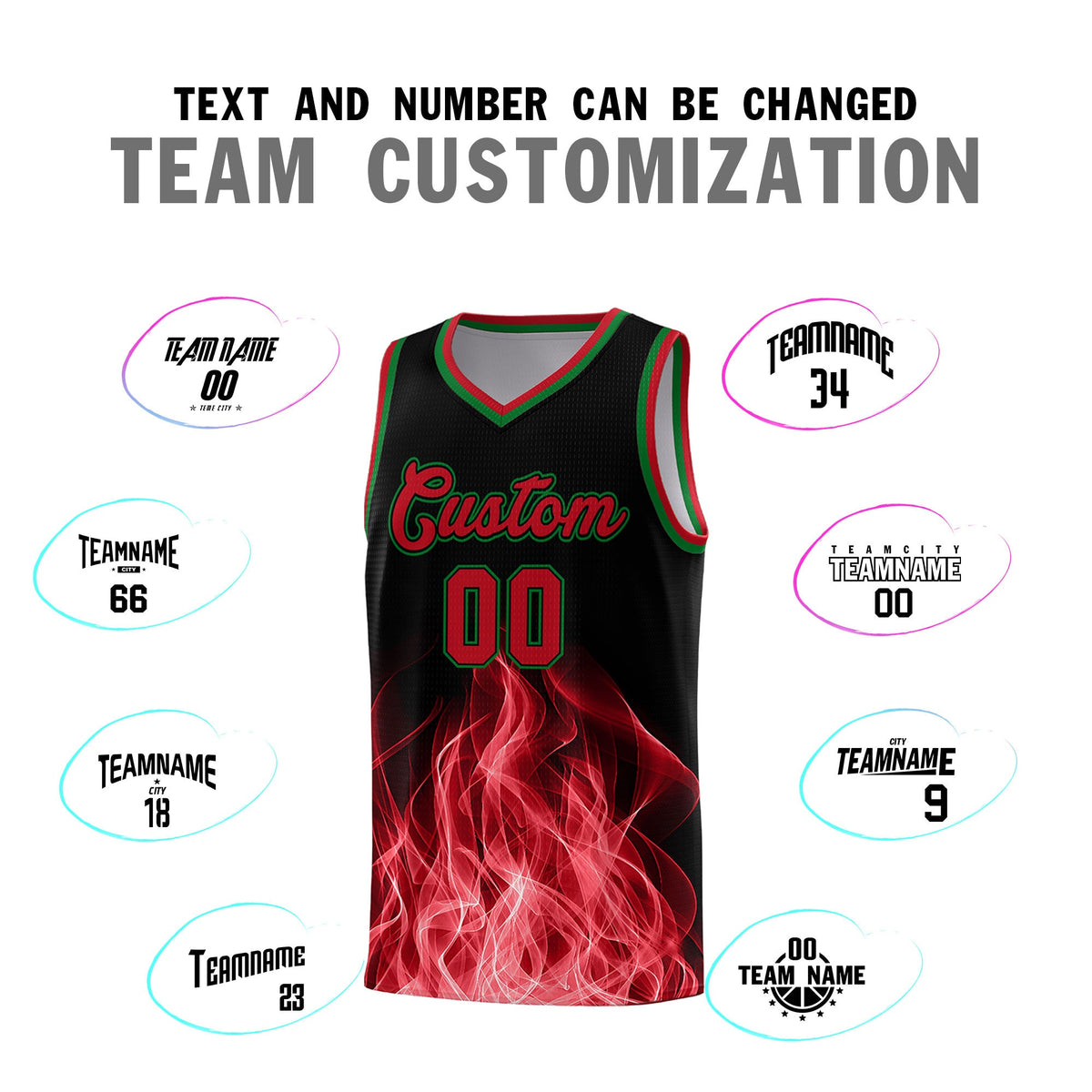 Custom Youth Basketball Jersey Black Red Flame Fire Design Personalized Team Uniform Set