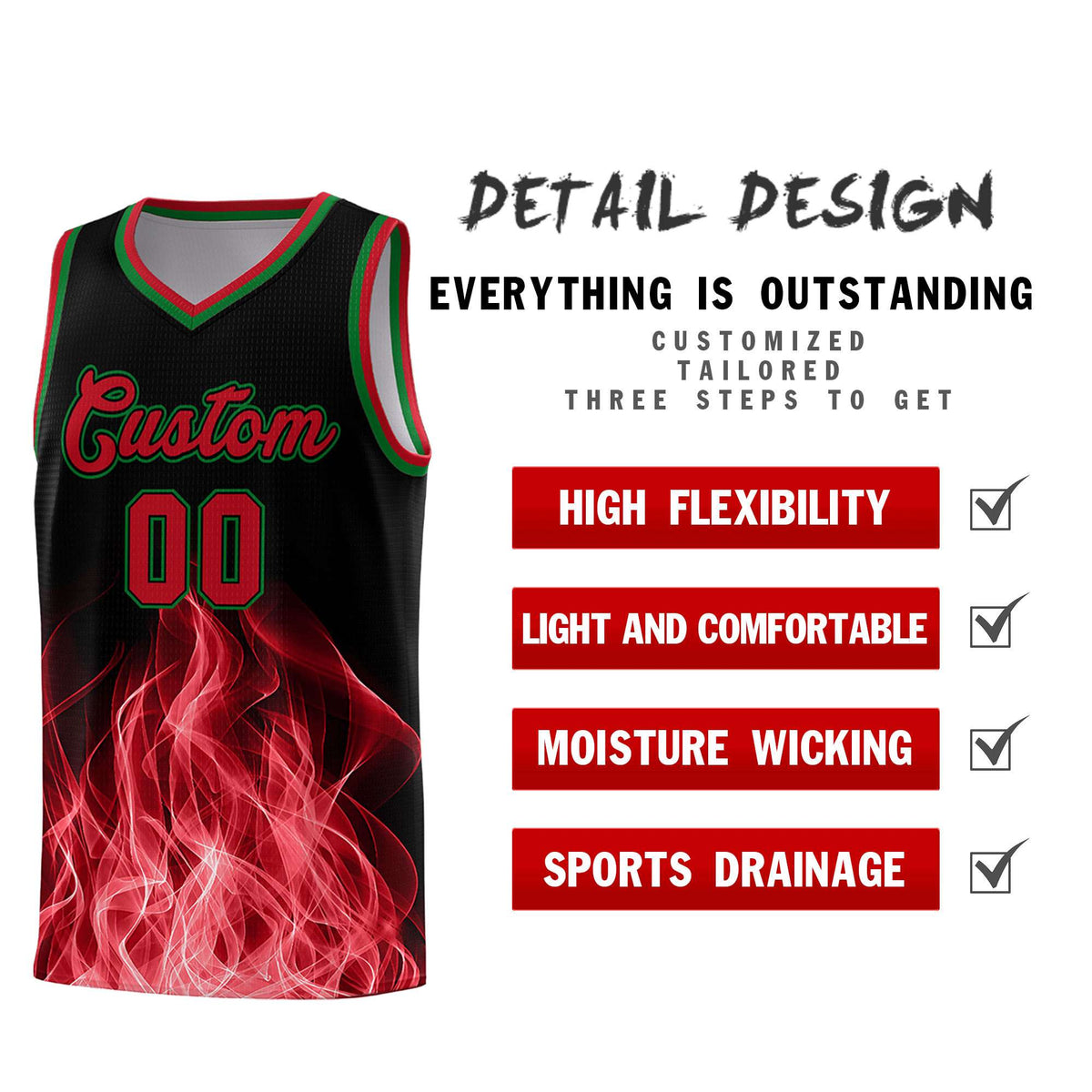 Custom Youth Basketball Jersey Black Red Flame Fire Design Personalized Team Uniform Set