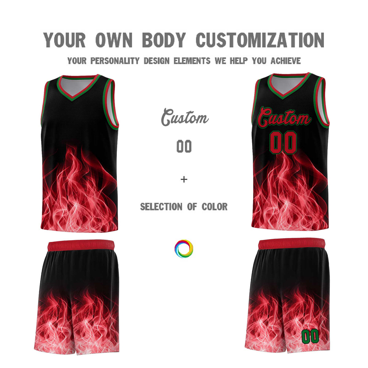 Custom Youth Basketball Jersey Black Red Flame Fire Design Personalized Team Uniform Set