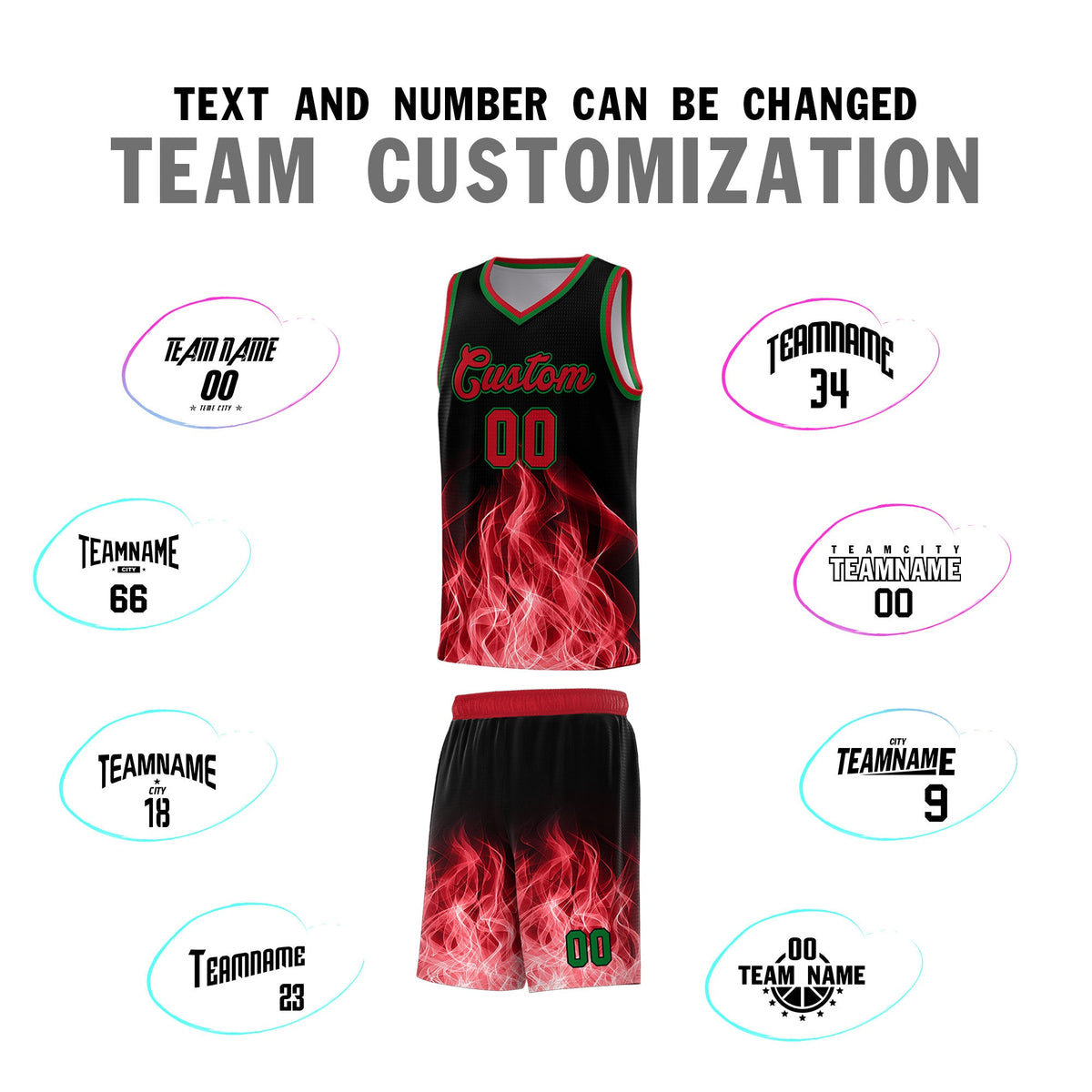 Custom Youth Basketball Jersey Black Red Flame Fire Design Personalized Team Uniform Set