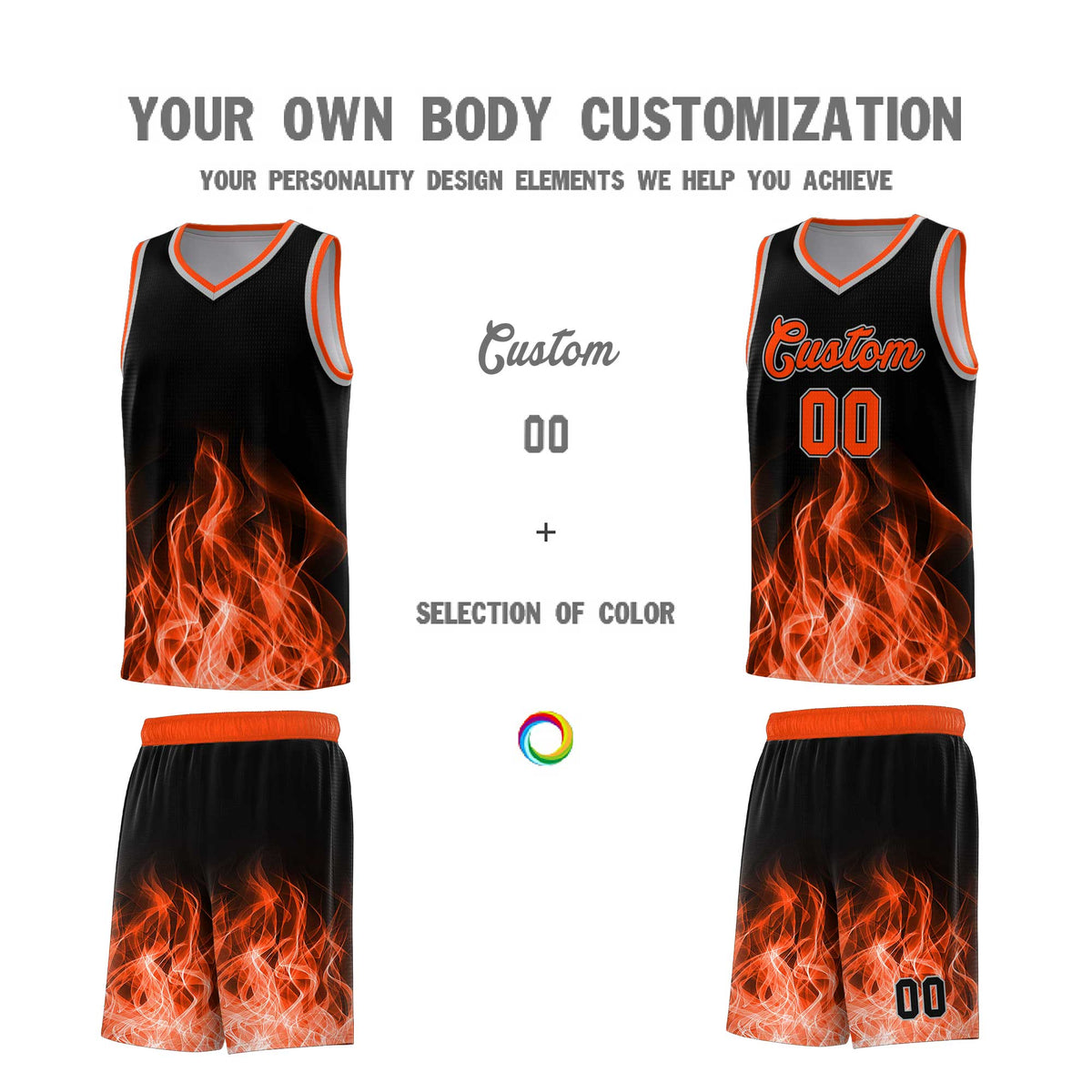 Custom Youth Basketball Jersey Black Orange Flame Design Unique Team Uniform Set