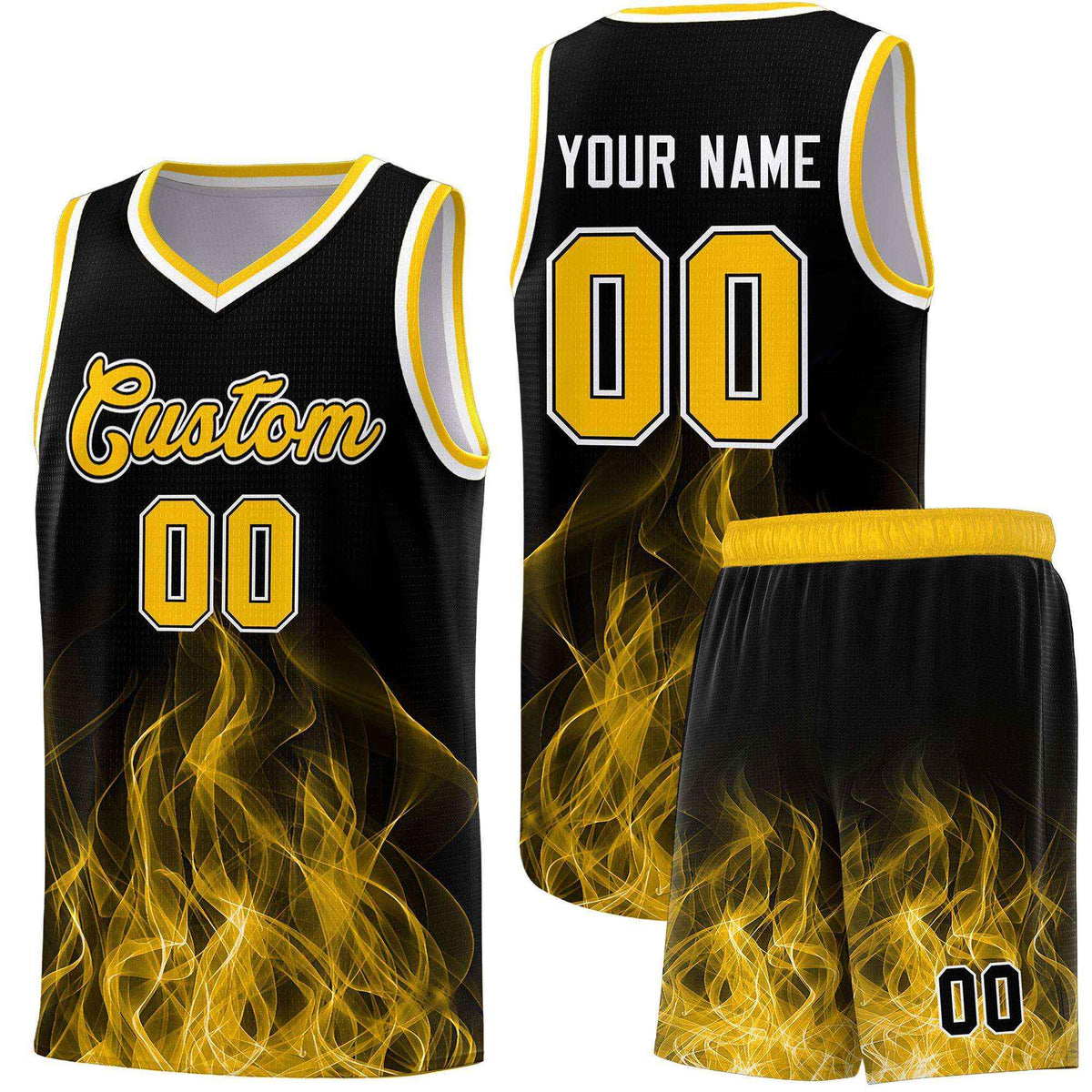 Custom Youth Basketball Jersey Black Yellow Flame Fire Design Personalized Team Uniform Set