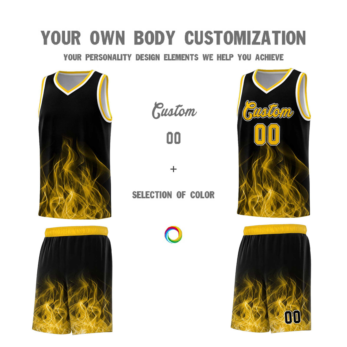 Custom Youth Basketball Jersey Black Yellow Flame Fire Design Personalized Team Uniform Set