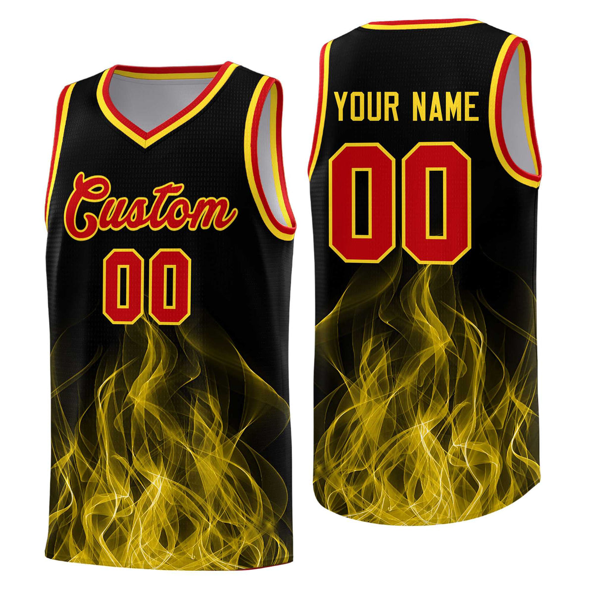 Custom Youth Basketball Jersey Black Gold Flame Design Unique Team Uniform Set