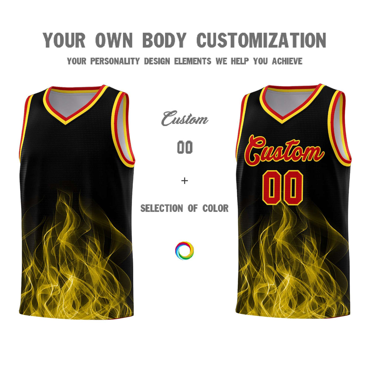Custom Youth Basketball Jersey Black Gold Flame Design Unique Team Uniform Set