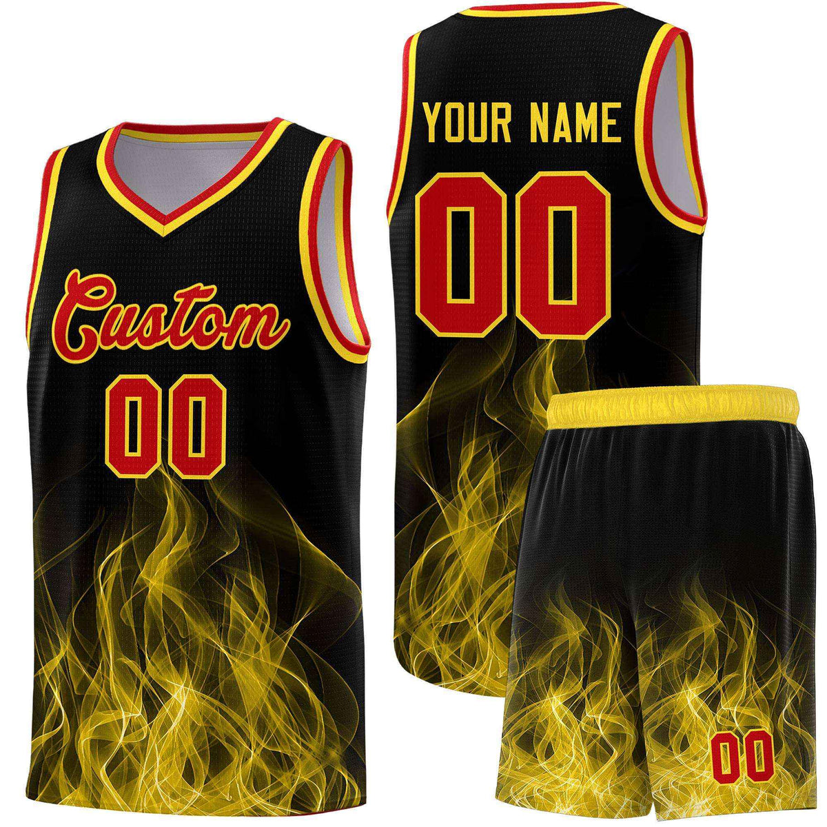 Custom Youth Basketball Jersey Black Gold Flame Design Unique Team Uniform Set
