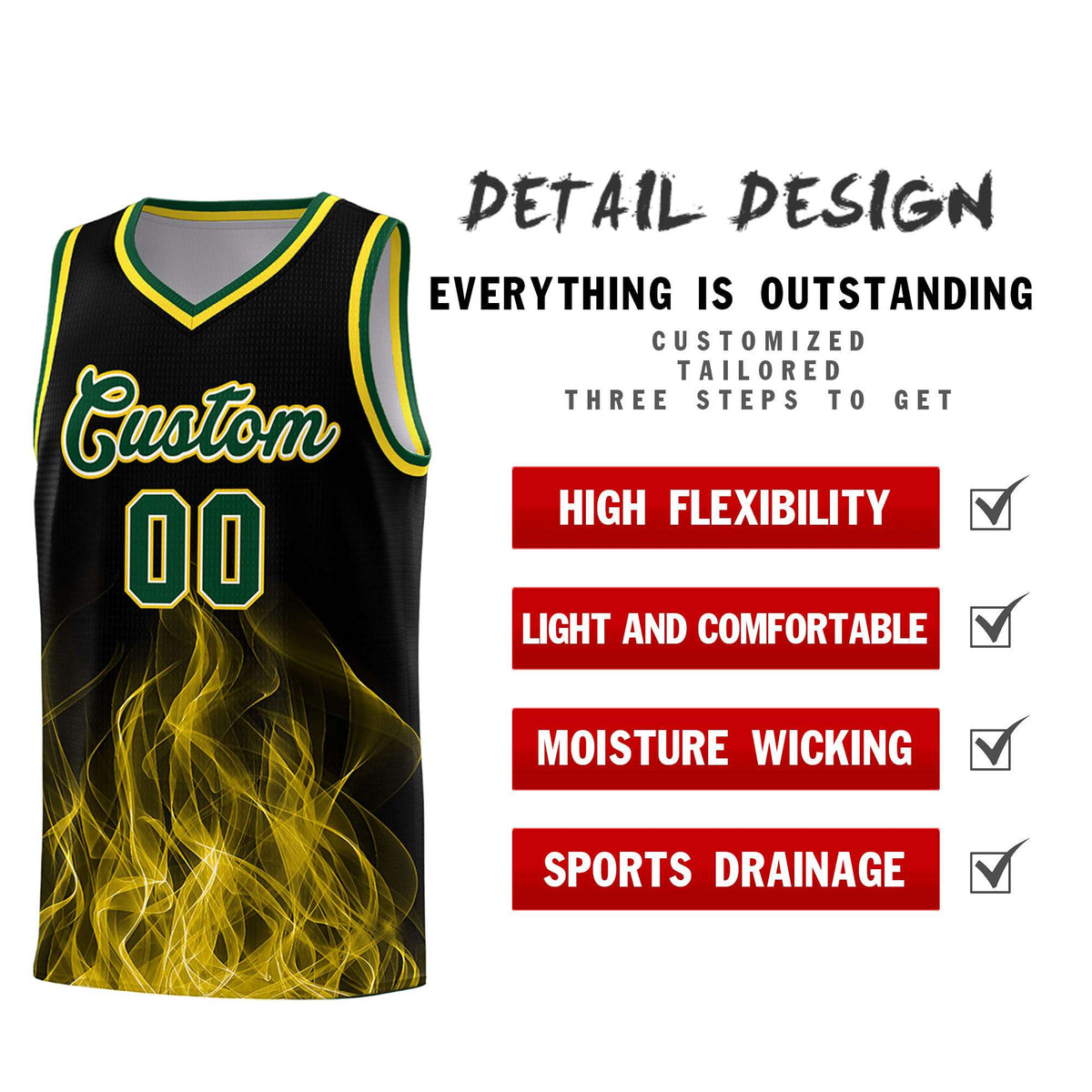 Custom Youth Basketball Jersey Black Gold Flame Design Personalized Team Uniform Set