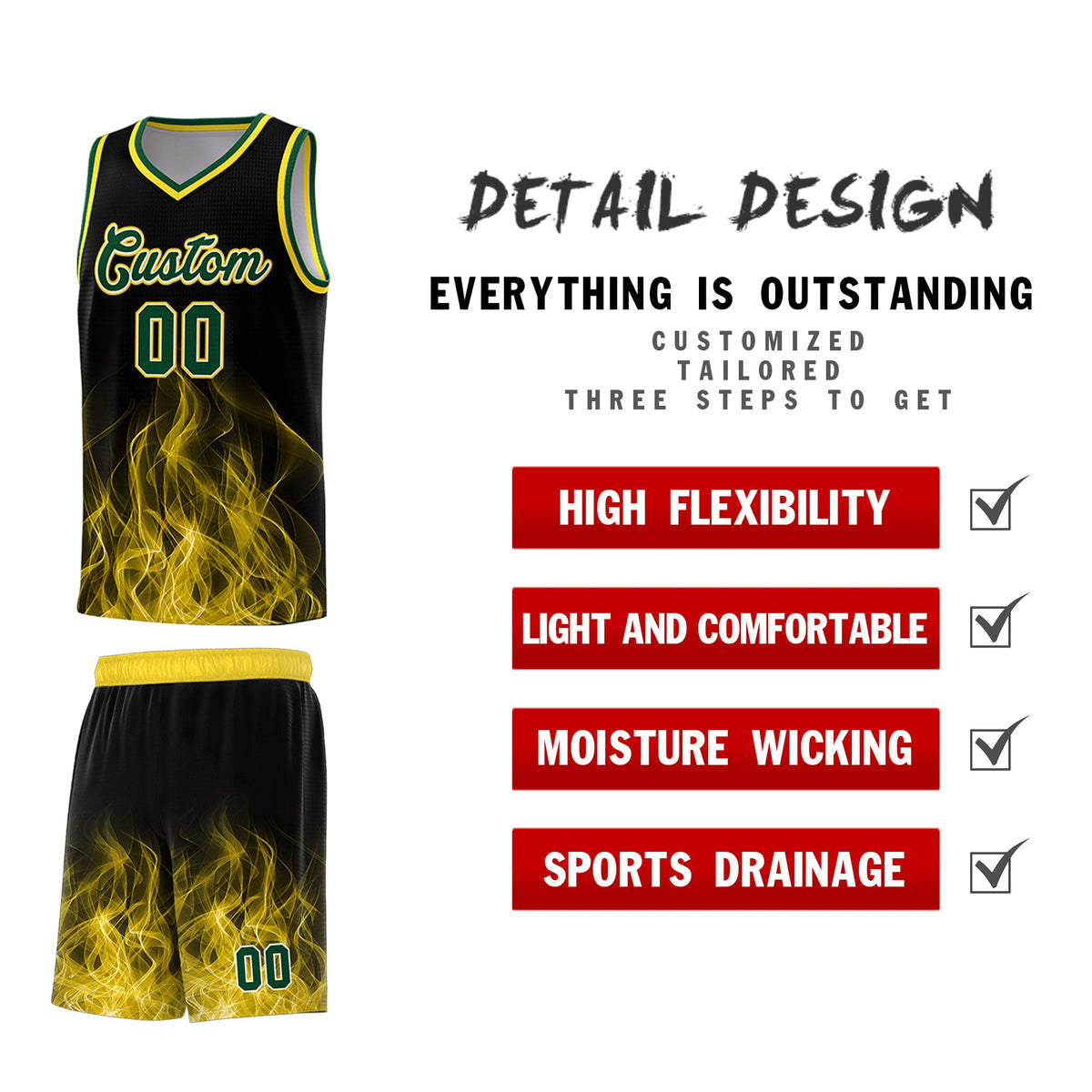 Custom Youth Basketball Jersey Black Gold Flame Design Personalized Team Uniform Set