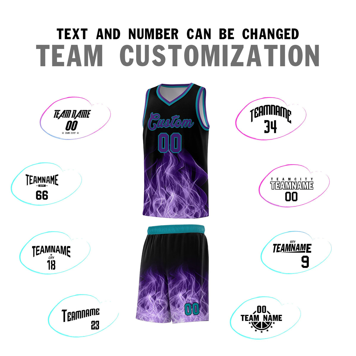 Custom Youth Basketball Jersey Black Teal Flame Design Unique Team Uniform Set