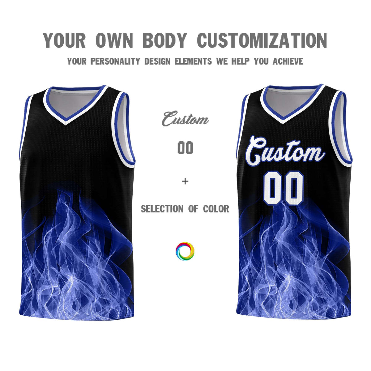 Custom Youth Basketball Jersey Black Royal Flame Design Personalized Team Uniform Set