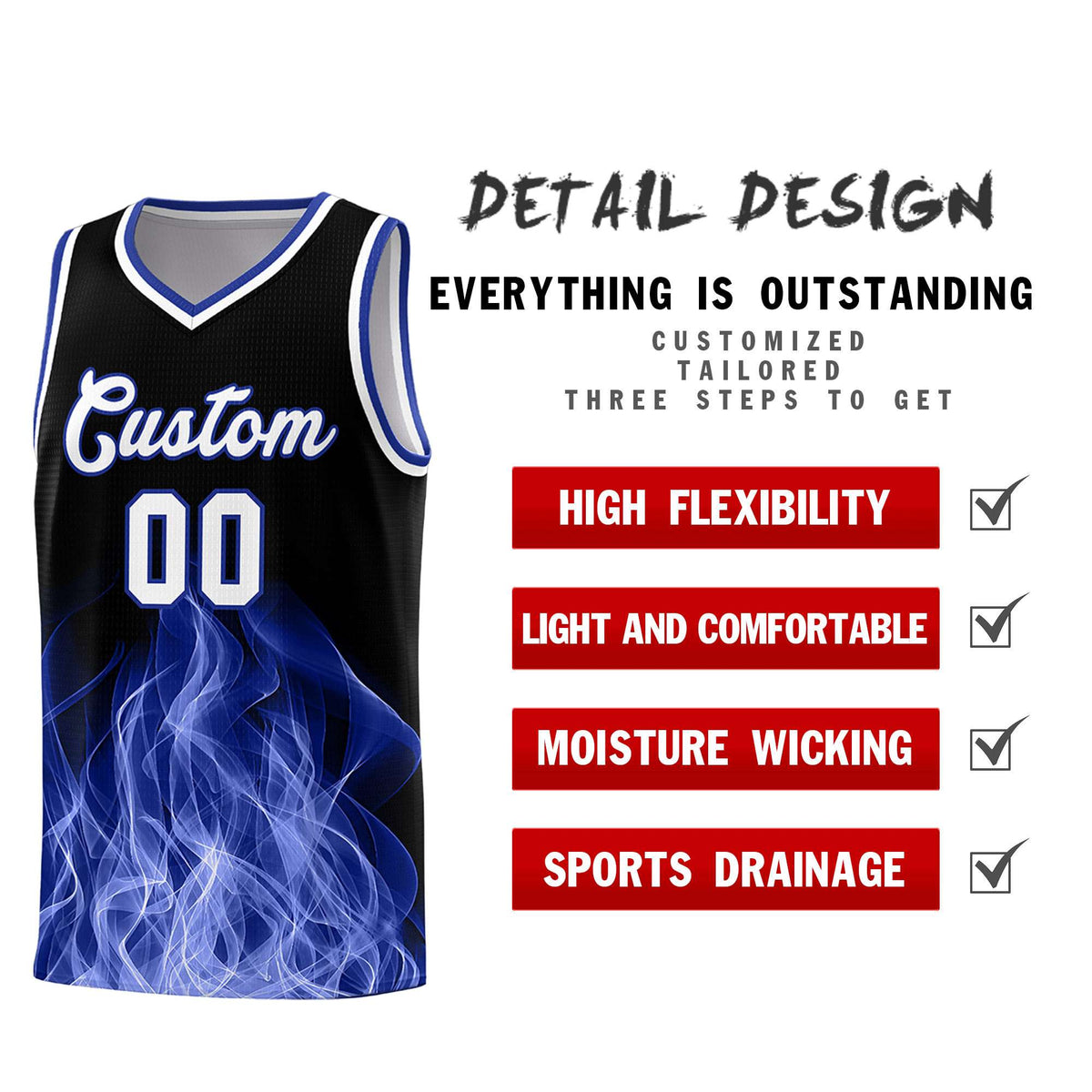 Custom Youth Basketball Jersey Black Royal Flame Design Personalized Team Uniform Set