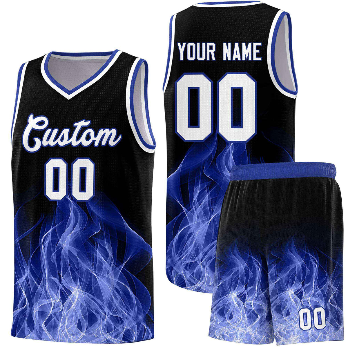 Custom Youth Basketball Jersey Black Royal Flame Design Personalized Team Uniform Set