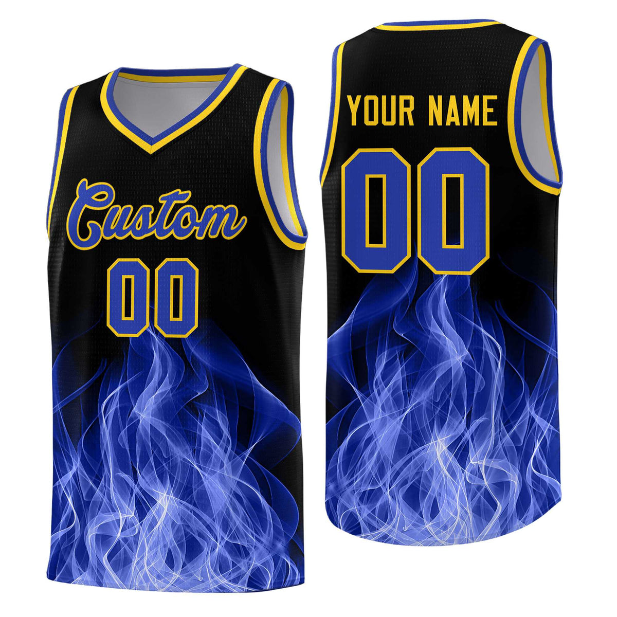 Custom Youth Basketball Jersey Black Gold Flame Fire Design Personalized Team Uniform Set