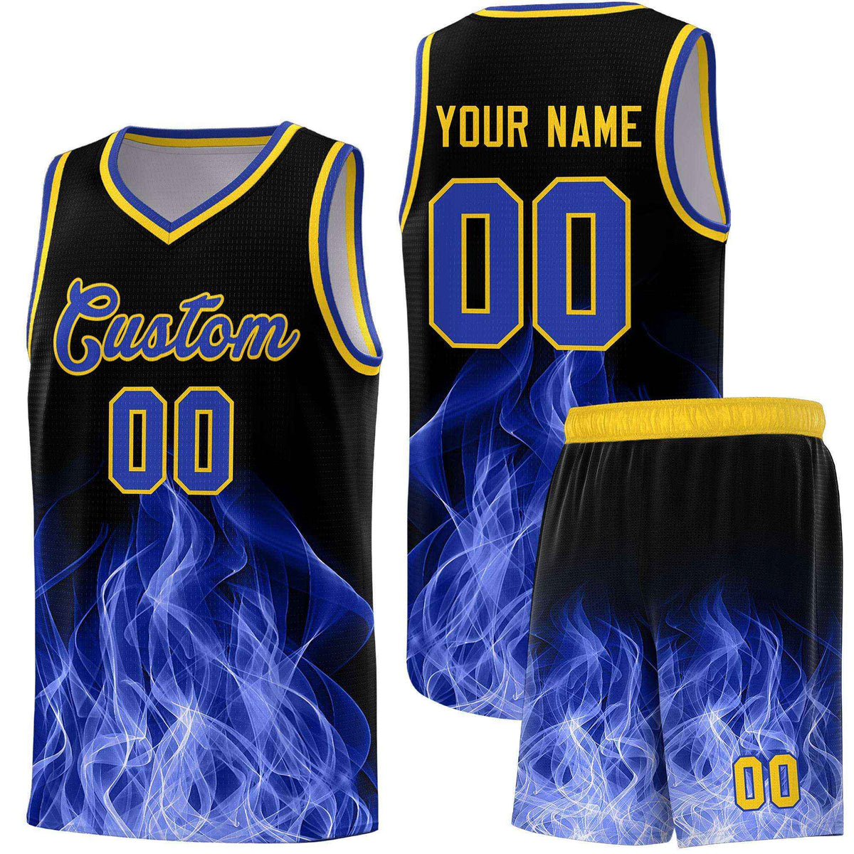 Custom Youth Basketball Jersey Black Gold Flame Fire Design Personalized Team Uniform Set
